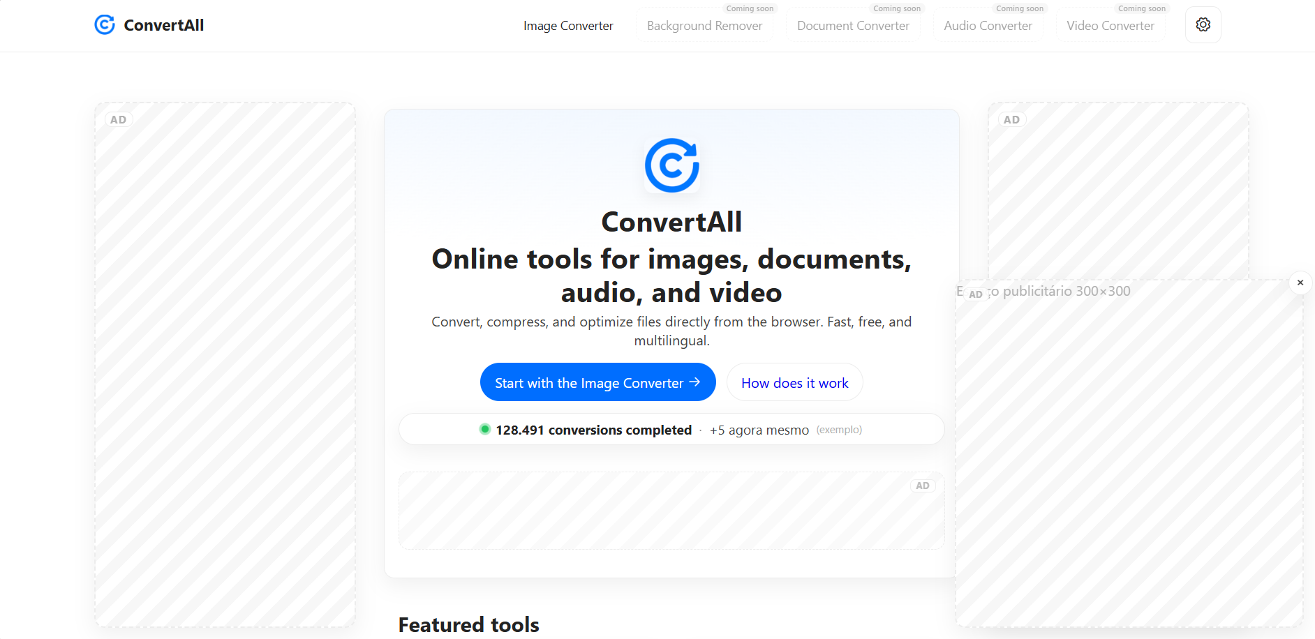 Prévia geral do ConverteTudo — homepage e identidade visual principal da plataforma.