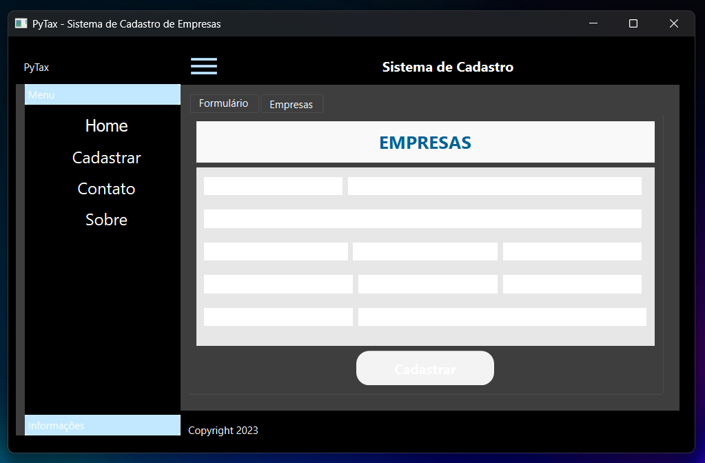 Tela principal do CRUD de Cadastro de Empresas