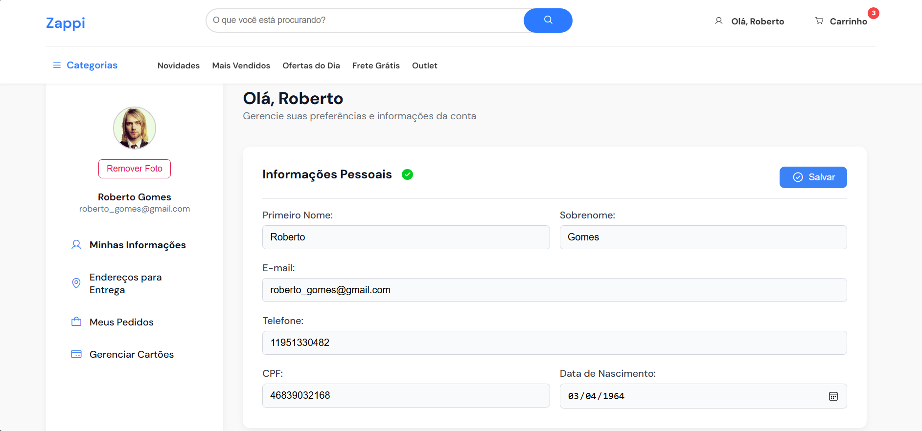 Painel da conta do cliente